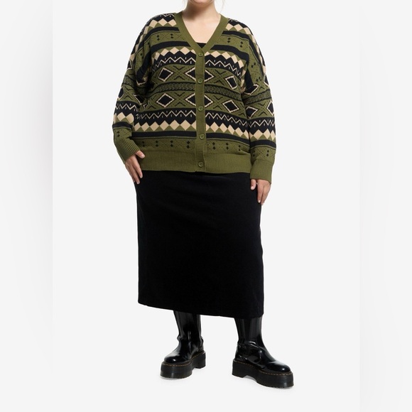 Thorn and Fable Green Black & Cream Geometric Girls Cardigan Plus Size - Picture 3 of 3
